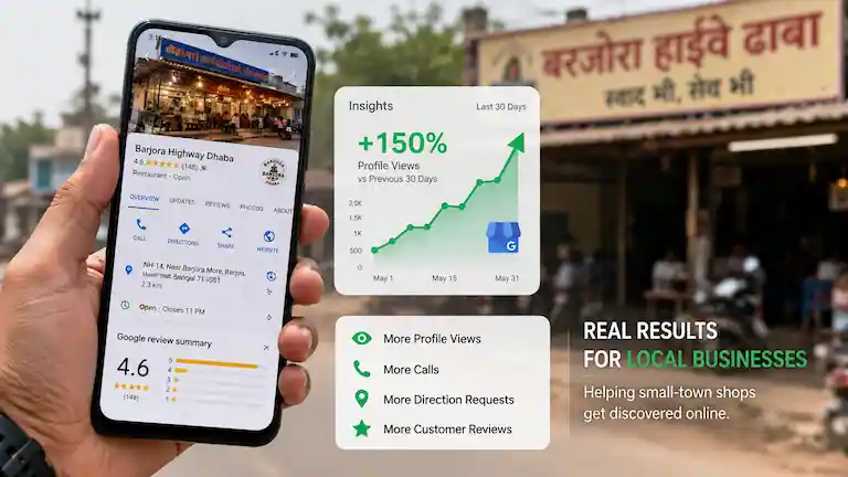 Smartphone showing Google Business profile growth for a local Barjora dhaba.