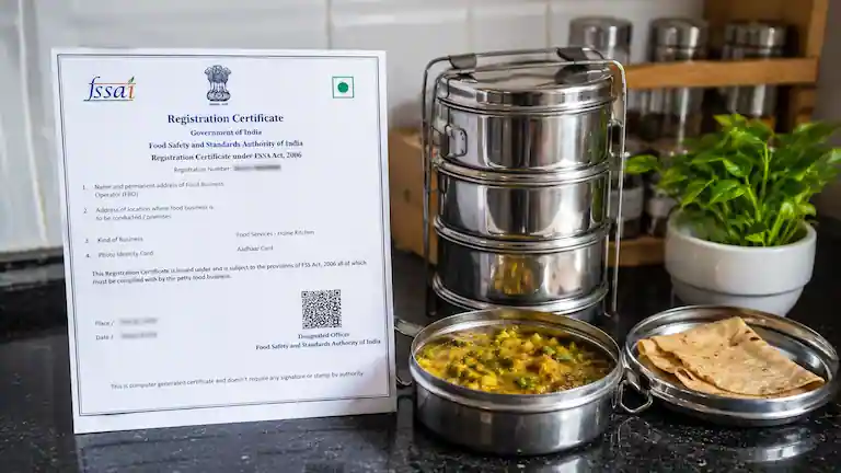 FSSAI registration certificate next to a packed steel tiffin box.