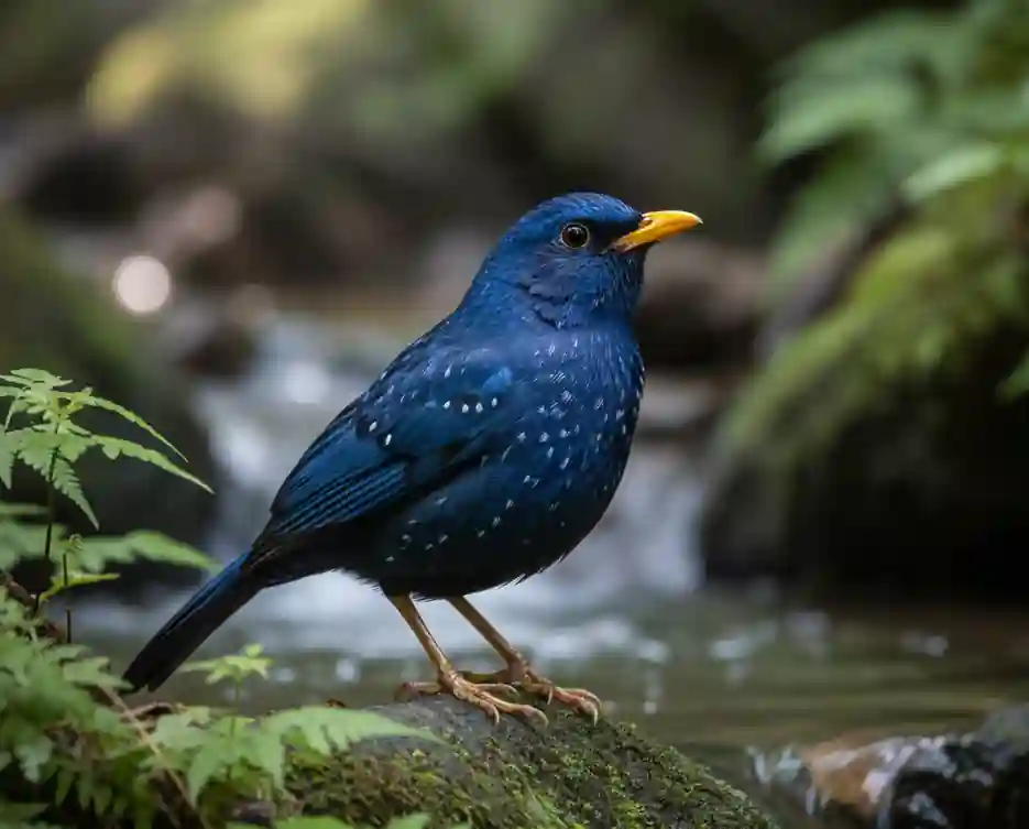 A deep blue Whistling Thrush with white-streaked feathers standing near a forest stream, representing the large and intelligent birds of India.