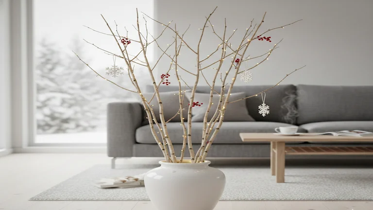 Scandinavian pyntekvister winter arrangement with fairy lights and ornaments in a minimalist living room
