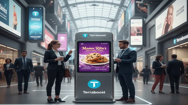 A futuristic Terraboost Media wellness kiosk with a digital advertising screen and hand wipe dispenser in a high-traffic modern retail center.