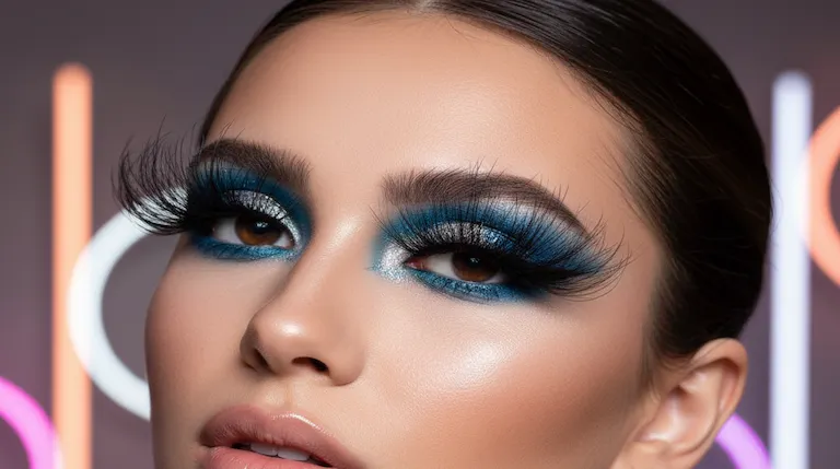 Model with dramatic Cumbrella eyelashes and bold blue glitter eyeshadow looking into the camera.