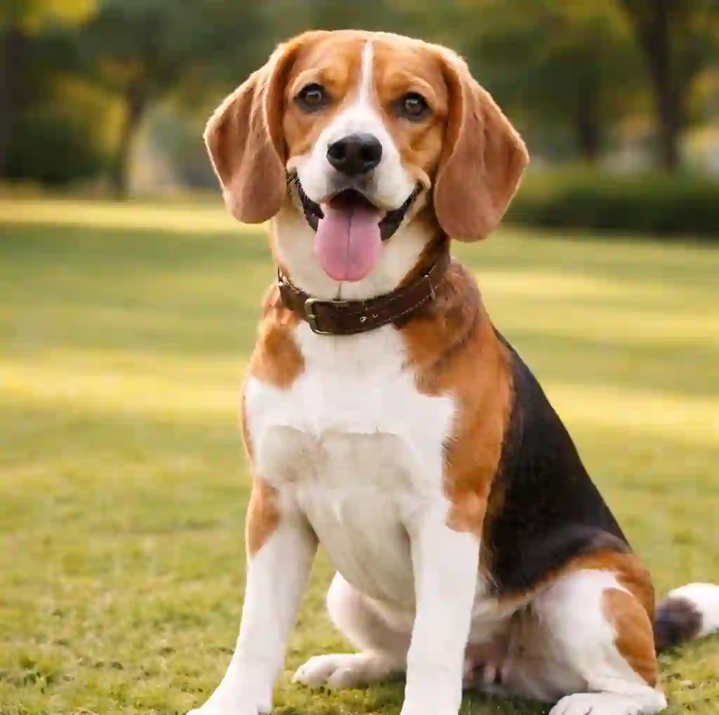 Beagle dog sitting on green grass with a happy expression