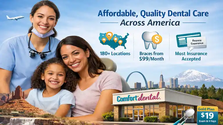 A happy family sitting in a bright, modern Comfort Dental office