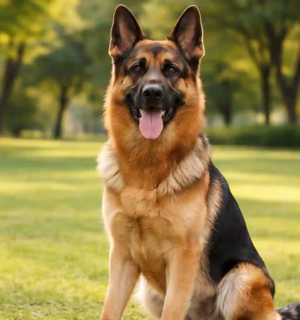 German Shepherd dog sitting on grass, one of the friendly dog breeds in India