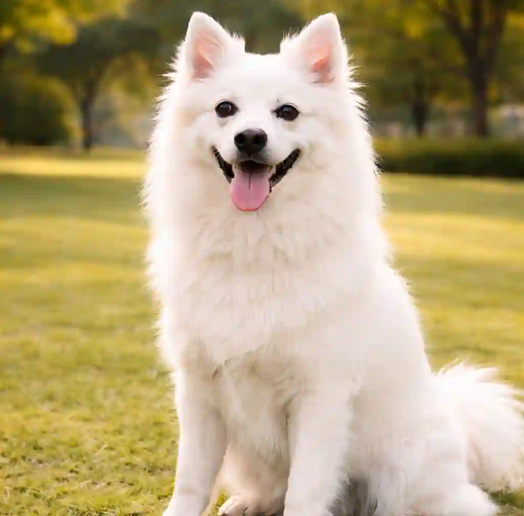 Indian Spitz dog sitting on grass, looking happy and playful