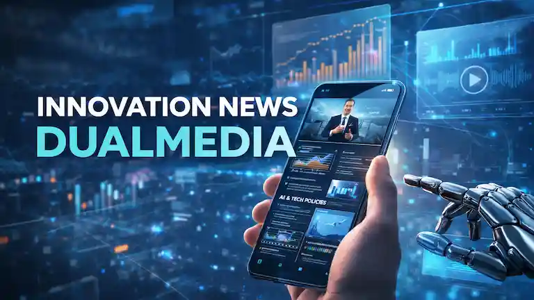 Futuristic innovation news dualMedia concept showing mobile-first journalism with video, audio, and data visuals