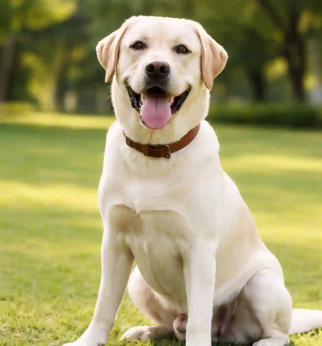 Friendly Labrador Retriever dog sitting on green grass, one of the most friendly dog breeds in India