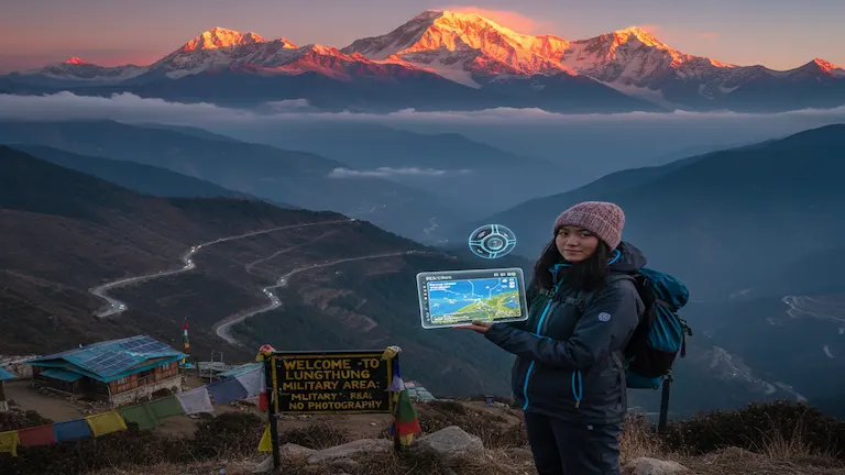 Panoramic sunrise at Lungthung View Point Sikkim showing snow-capped Kanchenjunga peaks and winding Silk Route roads.