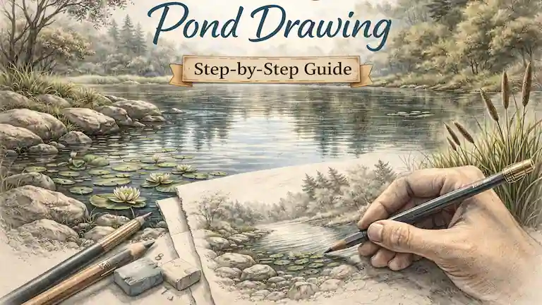 Hand-drawn graphite Pond Drawing showing realistic water ripples, lily pads, and wobbly tree reflections.