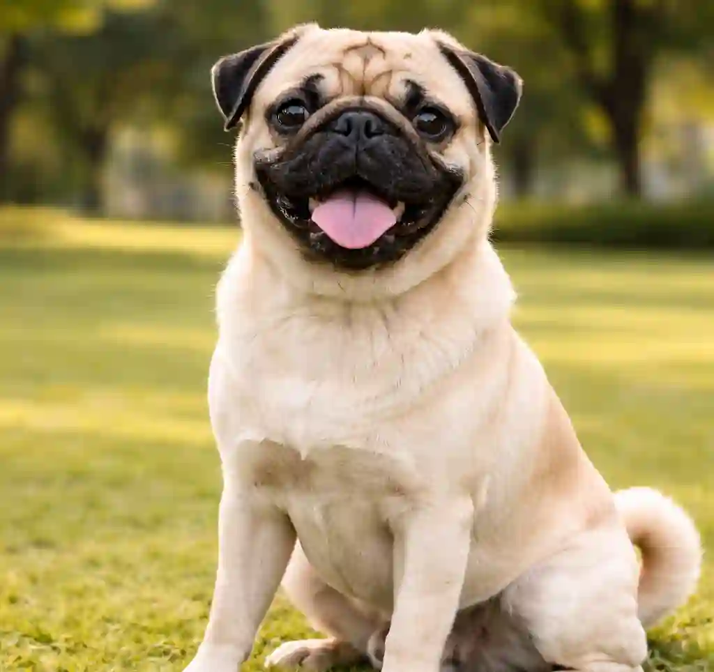 Pug dog sitting on green grass with a happy face