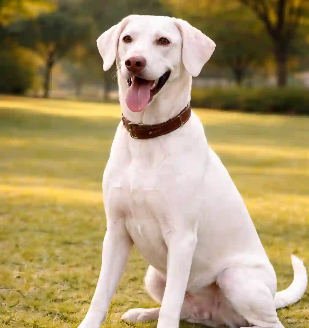Rajapalayam dog sitting on grass, looking alert and calm