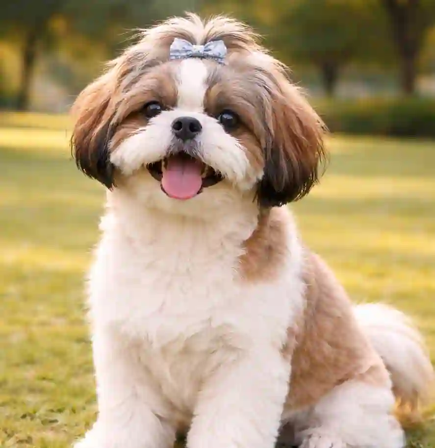 Shih Tzu dog sitting on grass, looking happy and playful