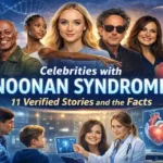 Celebrities with Noonan Syndrome represented alongside DNA strands, heart health symbols, and medical science imagery