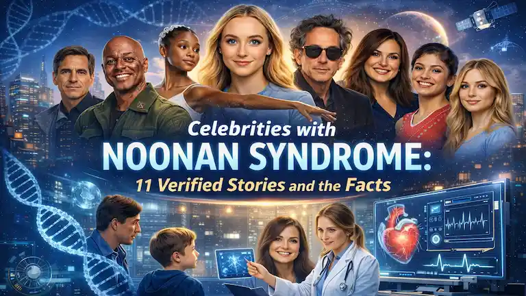 Celebrities with Noonan Syndrome represented alongside DNA strands, heart health symbols, and medical science imagery