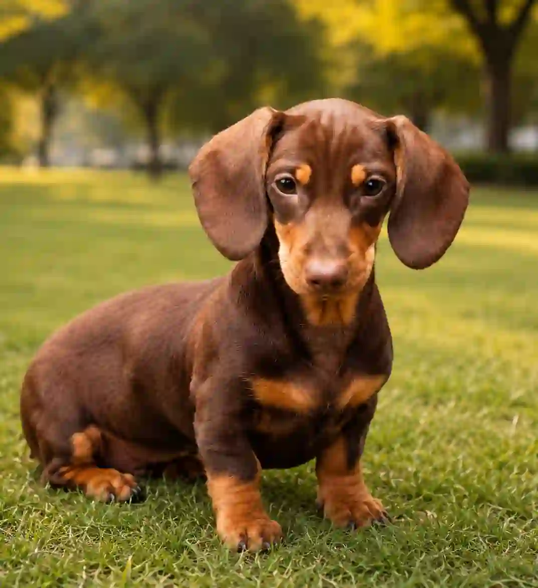 A smooth-haired brown Dachshund sitting on green park grass, one of the top friendly dog breeds in India.