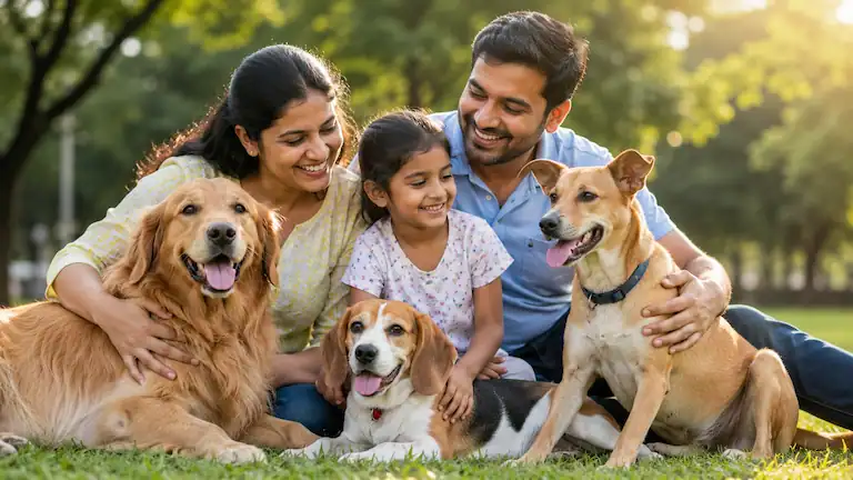 Happy Indian family sitting in a park with a Golden Retriever, a Beagle, and an Indie dog.