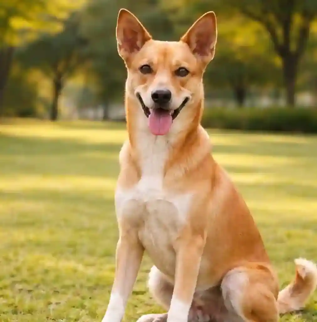 A happy, healthy tan and white Indie (Indian Pariah) dog sitting on a sunny grass lawn.