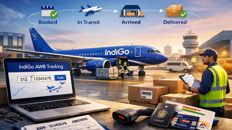Futuristic 3D illustration of a woman scanning a cargo box at an airport with a hologram display showing IndiGo AWB tracking number 312 and 12345678.