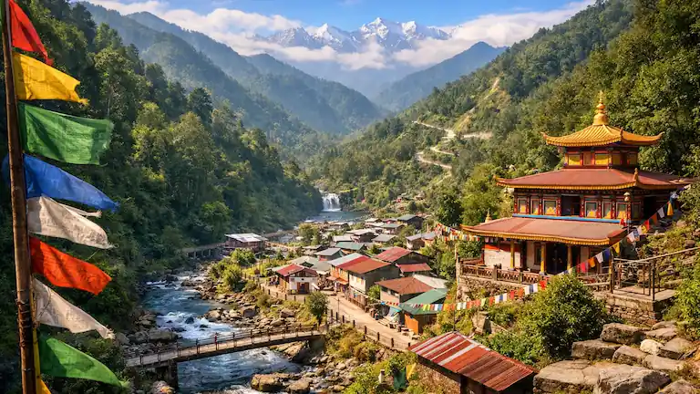 A scenic landscape view of Lingtam village in Sikkim featuring traditional houses, a flowing river stream, and the lush green Himalayan mountains under a soft sunrise sky.