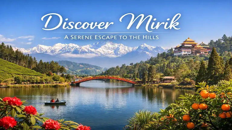 Scenic view of Sumendu Lake in Mirik with the iconic Rainbow Bridge reflection, lush green tea gardens, and the snow-capped Kanchenjunga peaks in the background.
