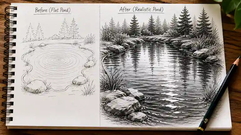 Pond drawing before and after comparison of flat versus realistic water.