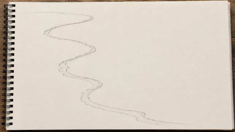 A light pencil sketch of a curved pond shoreline in a sketchbook.