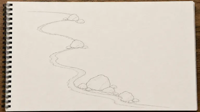 Pencil sketch of rock clusters along a pond shoreline.