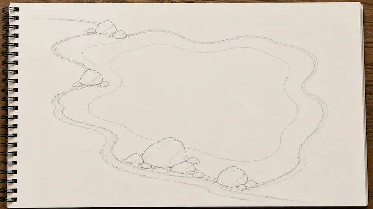 Pencil sketch outlining the shallow edges and deep center of a pond.