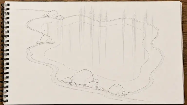 Pencil sketch of straight vertical tree reflections in a pond.