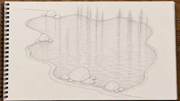 Pencil sketch showing flat oval water ripples in a pond.
