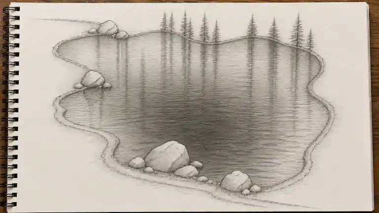 Pencil sketch showing dark, blended shading in the deep center of a pond.