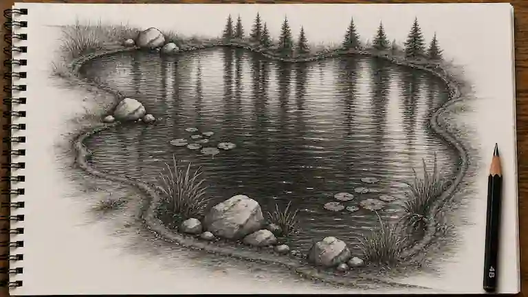 Finished pencil sketch of a pond with bright white water highlights.