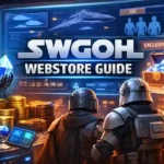 SWGOH Webstore mobile interface showing 30% crystal bonus and login fix.