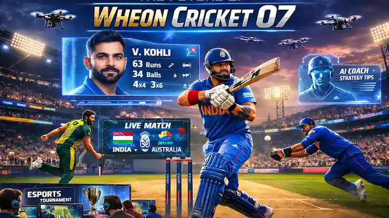 Fans in a high-tech stadium watching a modernized match of Wheon Cricket 07.