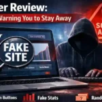 A "Scam Alert" warning graphic showing a hacker and a laptop with "Fake Site" labeled over the Laaster homepage.
