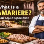 A Calamariere (Italian squid specialist) cleaning fresh seafood in a kitchen.