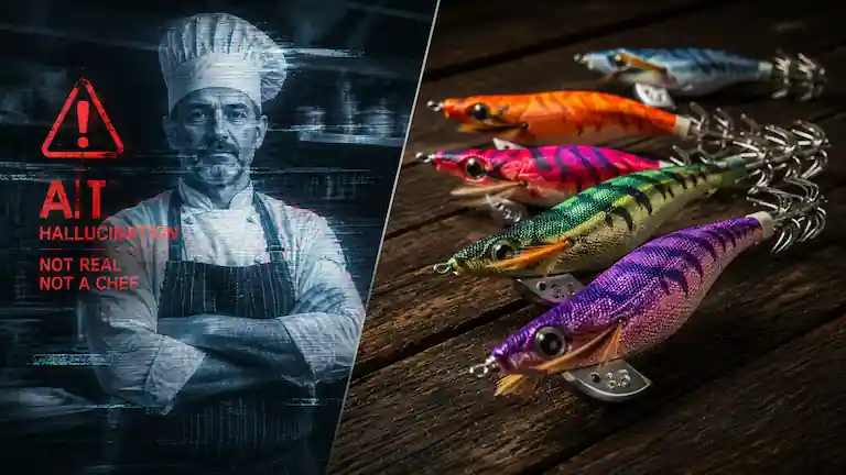 Split screen showing a fake AI Italian chef and real calamariere squid fishing lures.