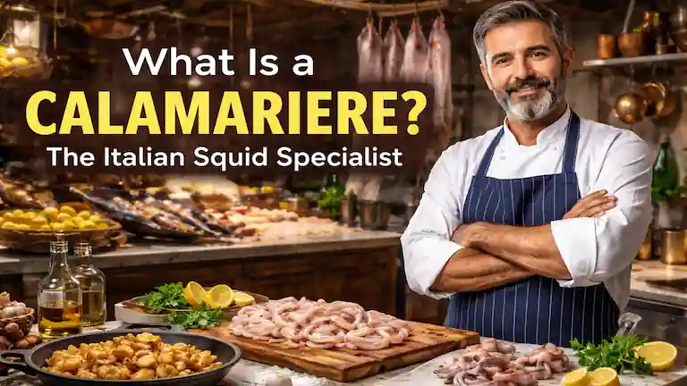A Calamariere (Italian squid specialist) cleaning fresh seafood in a kitchen.