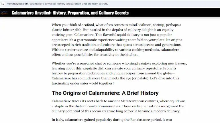 Screenshot of a ghost website falsely claiming Calamariere is a Mediterranean dish.