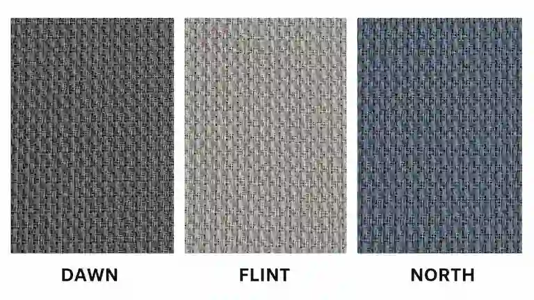 Isabella Bolon carpet weave colors: Dawn, Flint, and North.