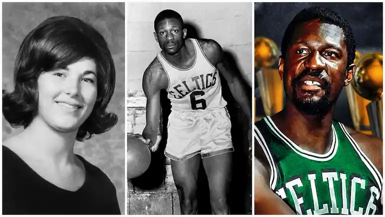 Vintage collage of Marilyn Nault and NBA legend Bill Russell.