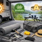 A professional markiseteppe setup with UV-resistant breathable fabric, A-measure sizing tools, carpet clips, and a maintenance broom outside a caravan.