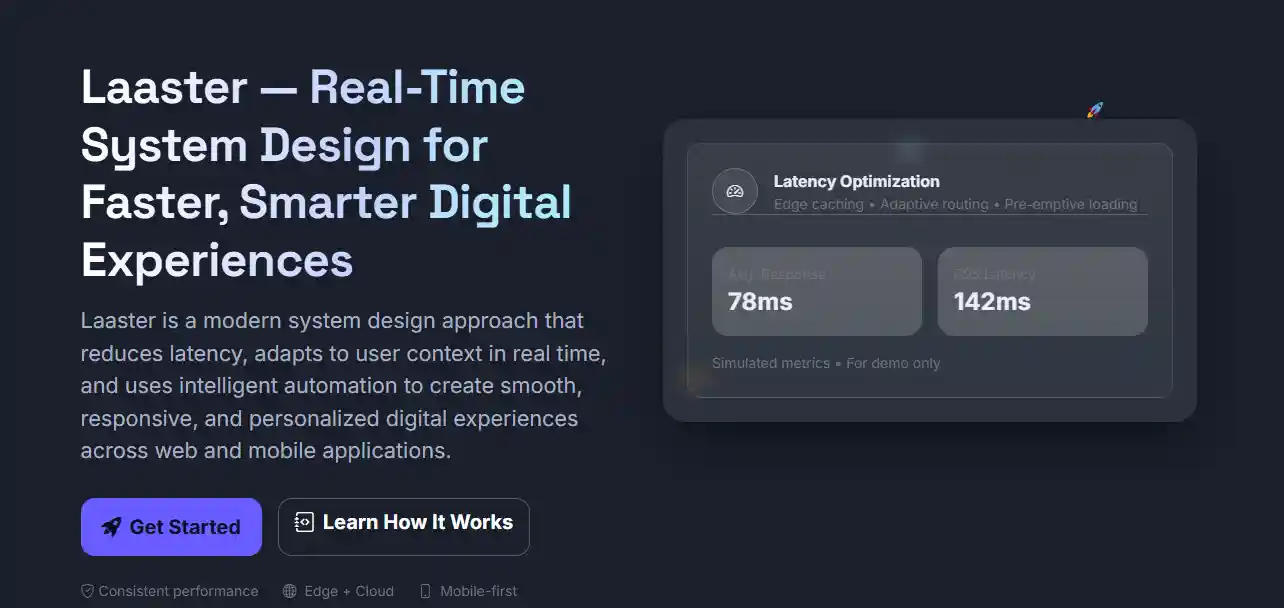 Screenshot of Laaster homepage highlighting "78ms" latency claims labeled as "Simulated metrics • For demo only.