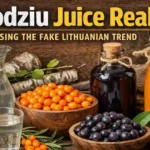 Fact-check graphic of Sodziu juice trend showing real sea buckthorn, aronia, and birch sap.