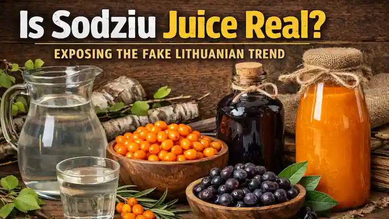 Fact-check graphic of Sodziu juice trend showing real sea buckthorn, aronia, and birch sap.
