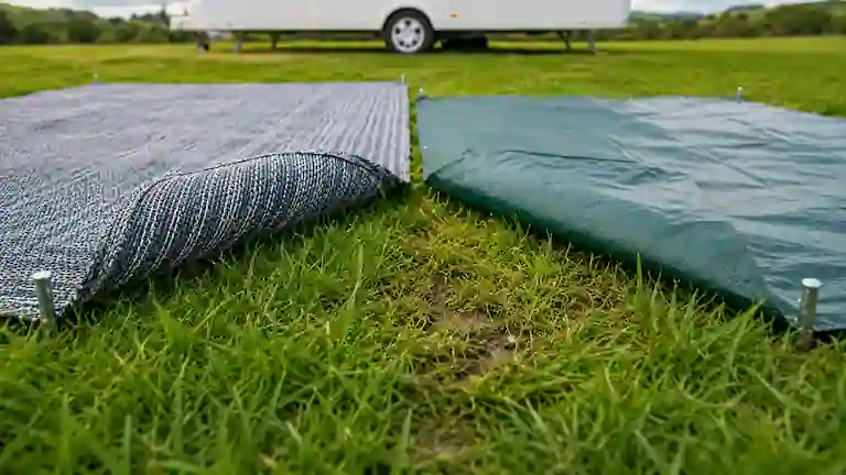 Breathable caravan carpet vs. solid green tarp pegged on grass.