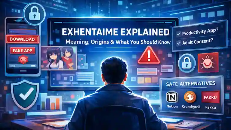 A digital safety shield debunking the Exhentaime productivity scam, highlighting secure work apps.