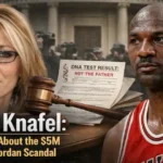 Karla Knafel and Michael Jordan collage with a DNA test result and courtroom gavel.