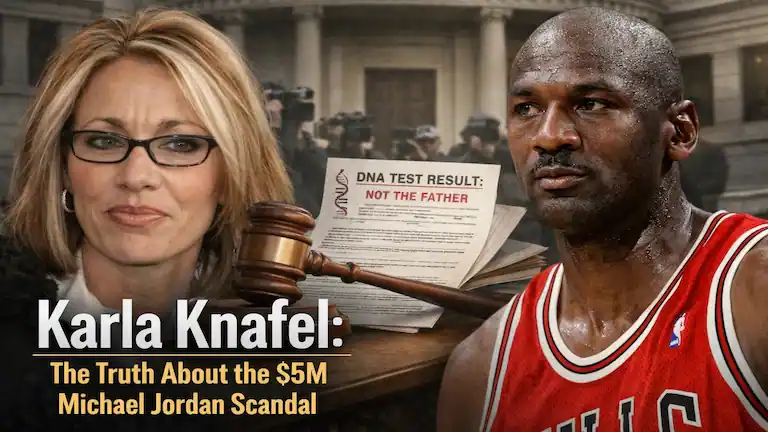 Karla Knafel and Michael Jordan collage with a DNA test result and courtroom gavel.